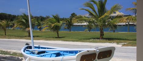 A boat with a blue interior and a white exterior, docked on a sandy shore with palm trees and a building in the background.