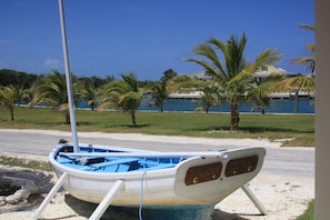 A boat with a blue interior and a white exterior, docked on a sandy shore with palm trees and a building in the background. - The Sandpiper Inn & Cottages (Crossing Rocks)