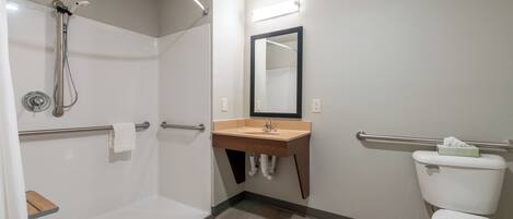 Un baño con ducha, lavabo, inodoro y espejo.