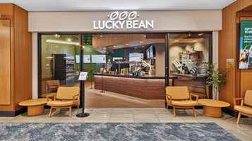 A Lucky Bean coffee shop with a modern interior, seating area, and a counter with coffee-making equipment.