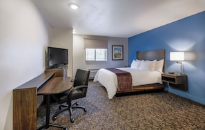 Premium bedding, pillowtop beds, desk, laptop workspace