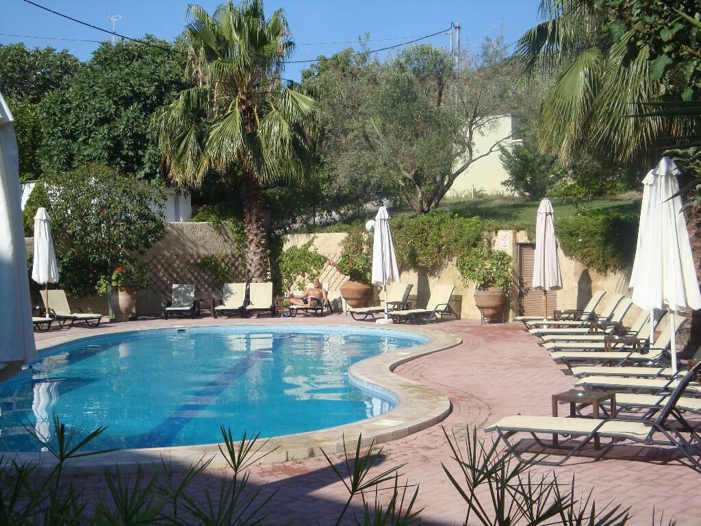 Piscina con sillas de descanso y sombrillas, rodeada de follaje y un camino de ladrillo.