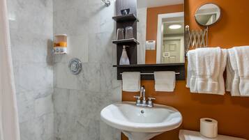 Une salle de bain équipée d’une douche, d’un lavabo, de toilettes et d’un miroir.