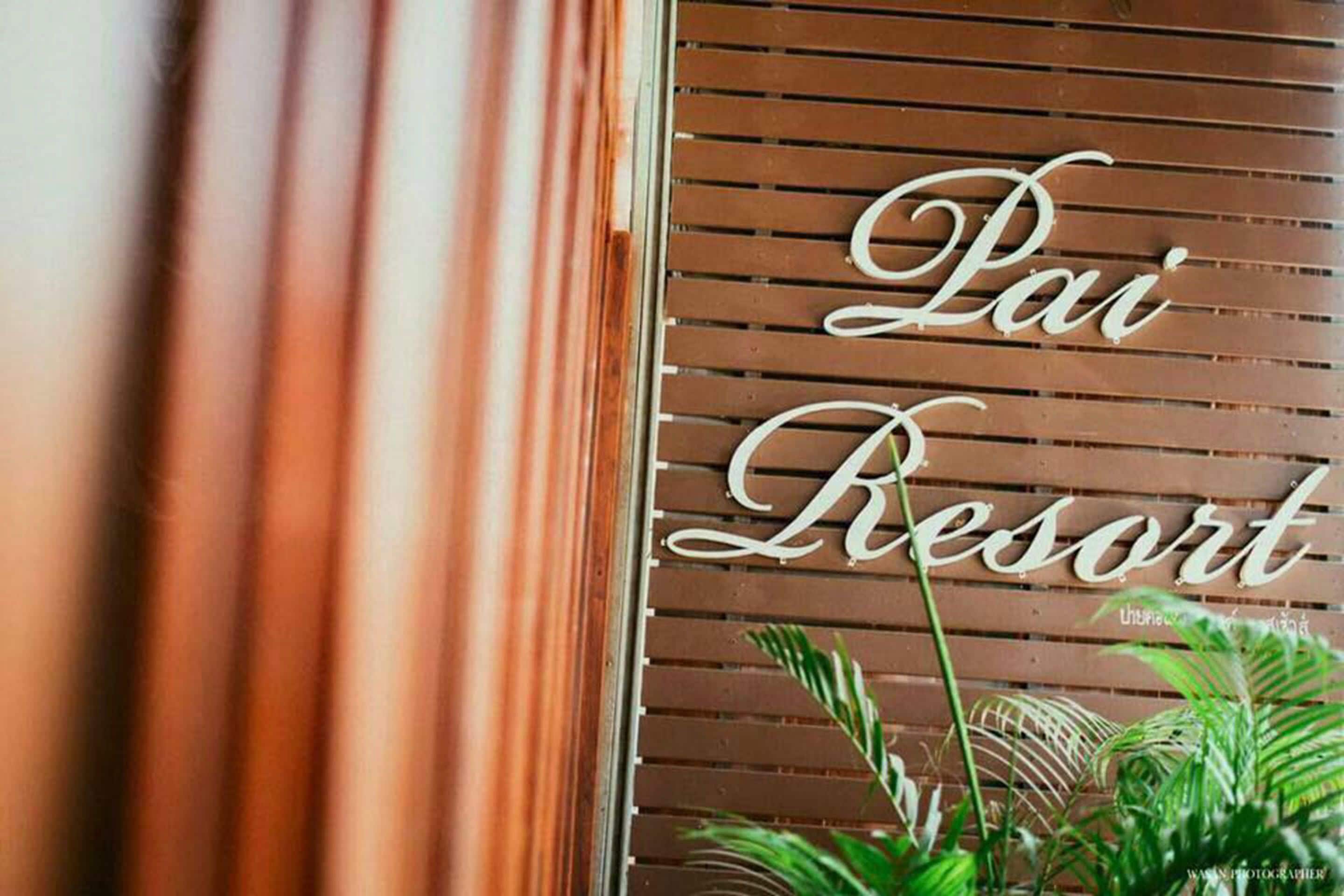 Un letrero de madera con la inscripción 'Pai Resort' en letra cursiva.