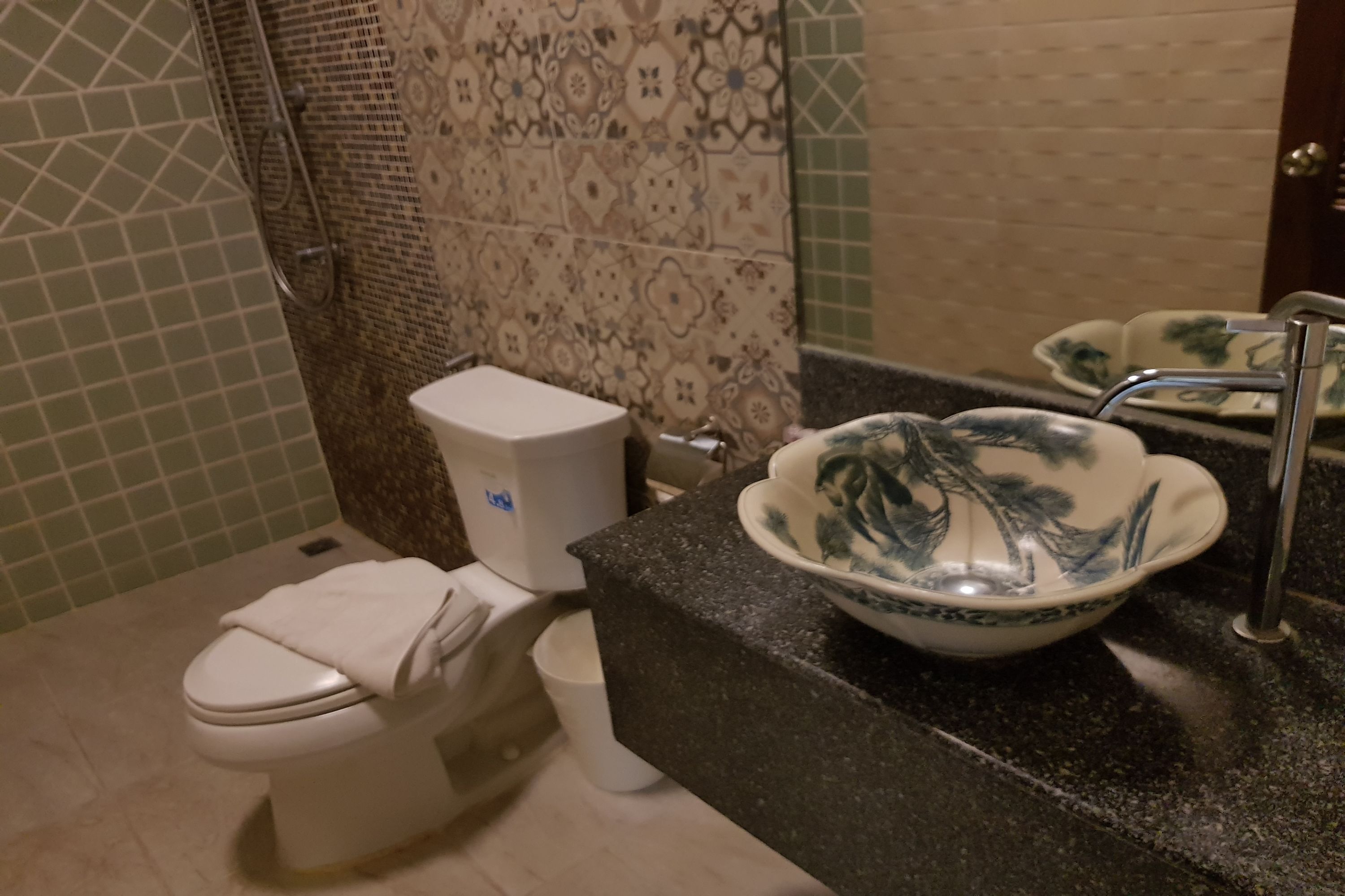 Ein Badezimmer mit Toilette, einem Waschbecken mit dekorativer Schale und einer Duschkabine.
