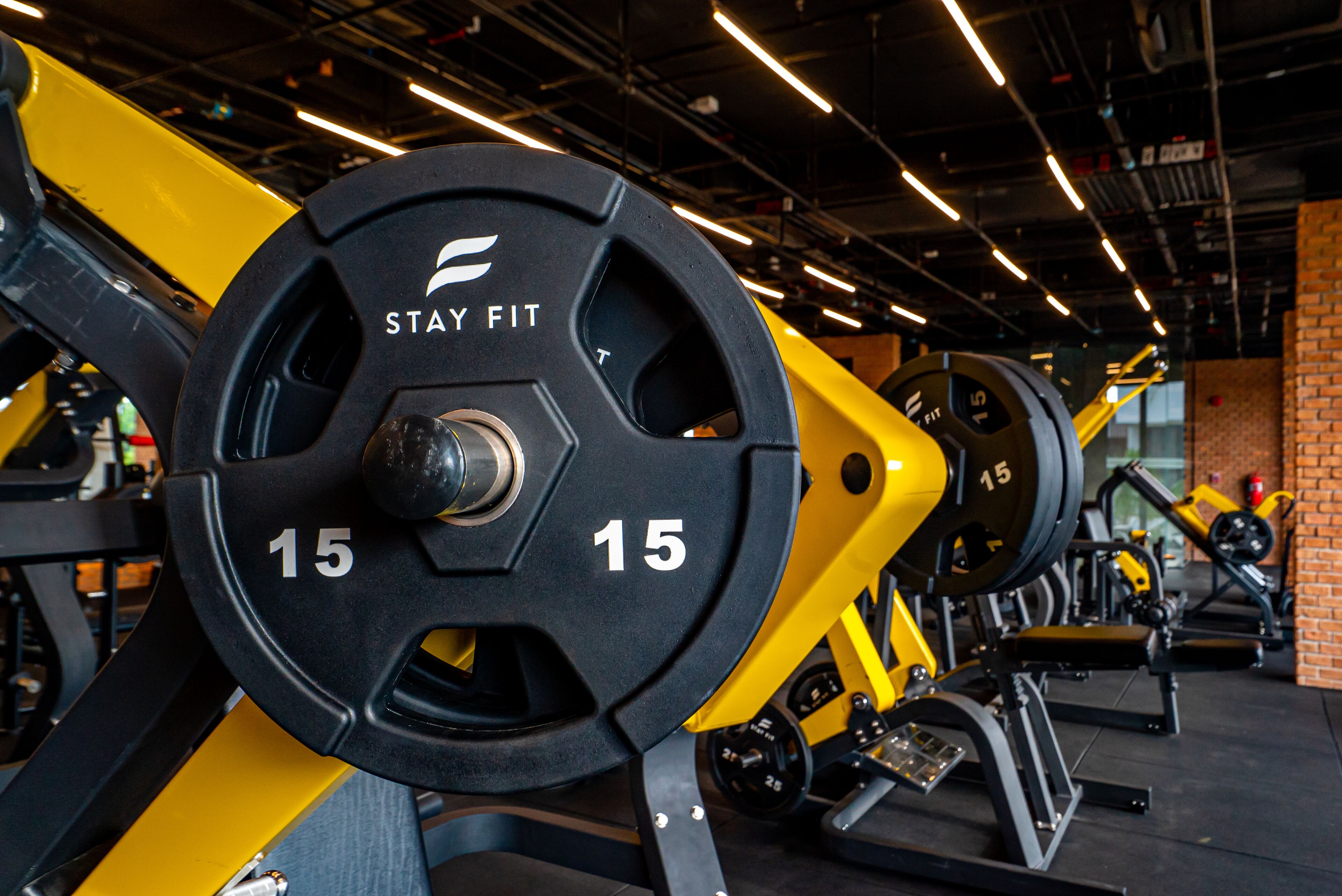 A gym with weightlifting equipment, including barbells marked with '15'.