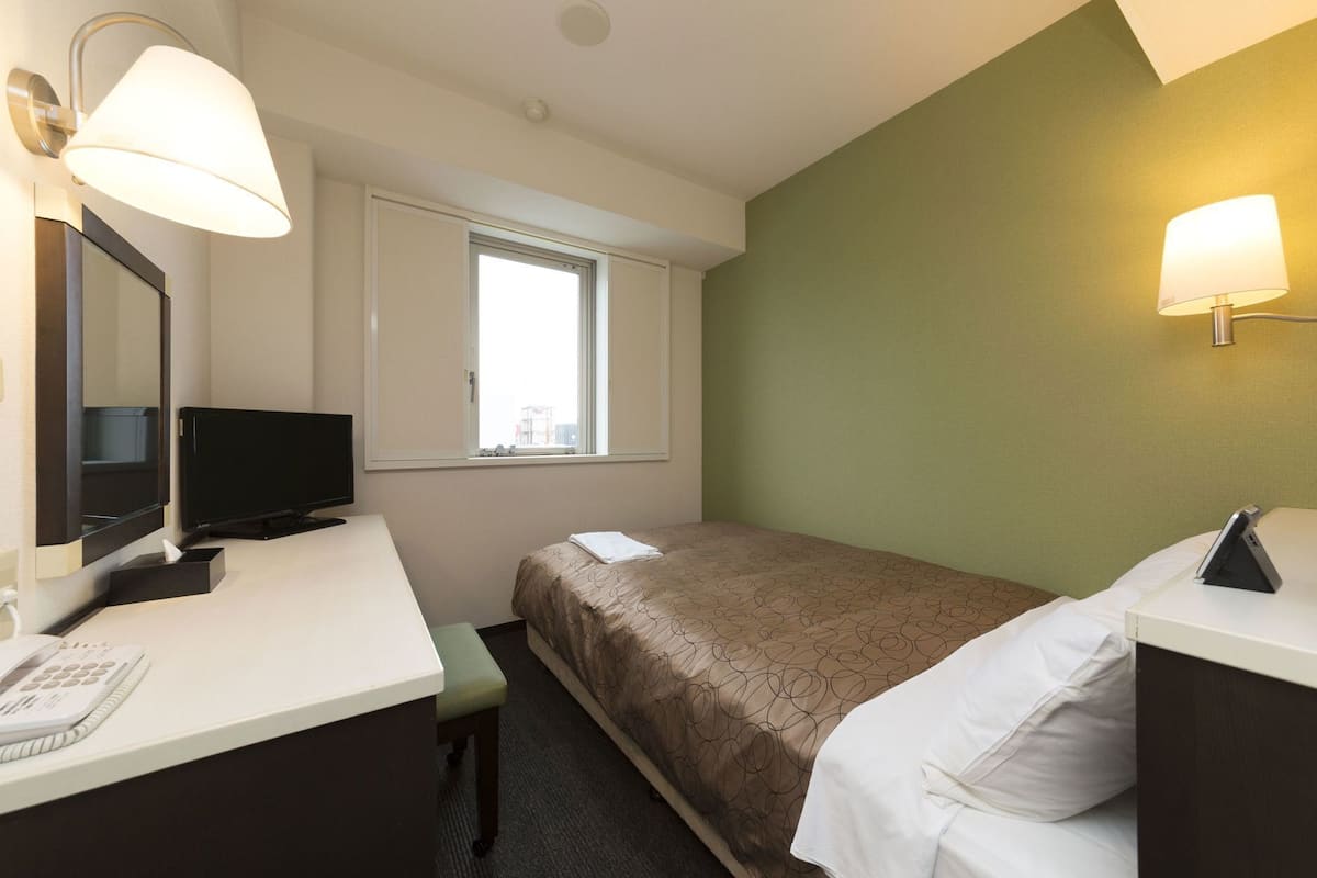 A hotel room with a bed, a desk with a telephone, a television, and a window.