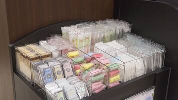 A display of toiletries in a hotel setting.