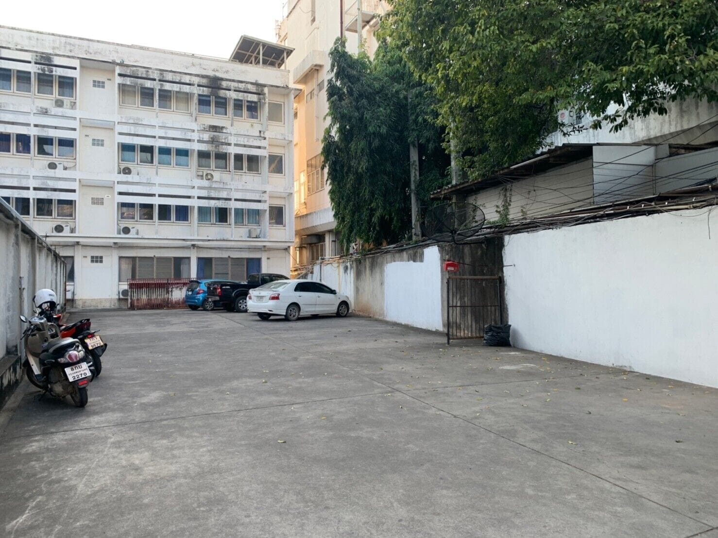 Un estacionamiento con un muro blanco, un árbol y un edificio con múltiples ventanales.