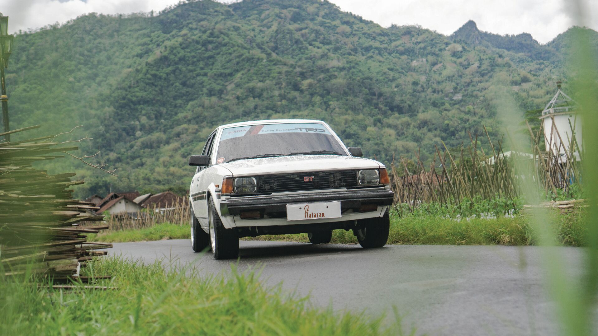 A white car with a license plate on a rural road.