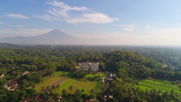 A hotel with a large building surrounded by lush green fields and a mountain in the background. - Plataran Heritage Borobudur Hotel (Borobudur)