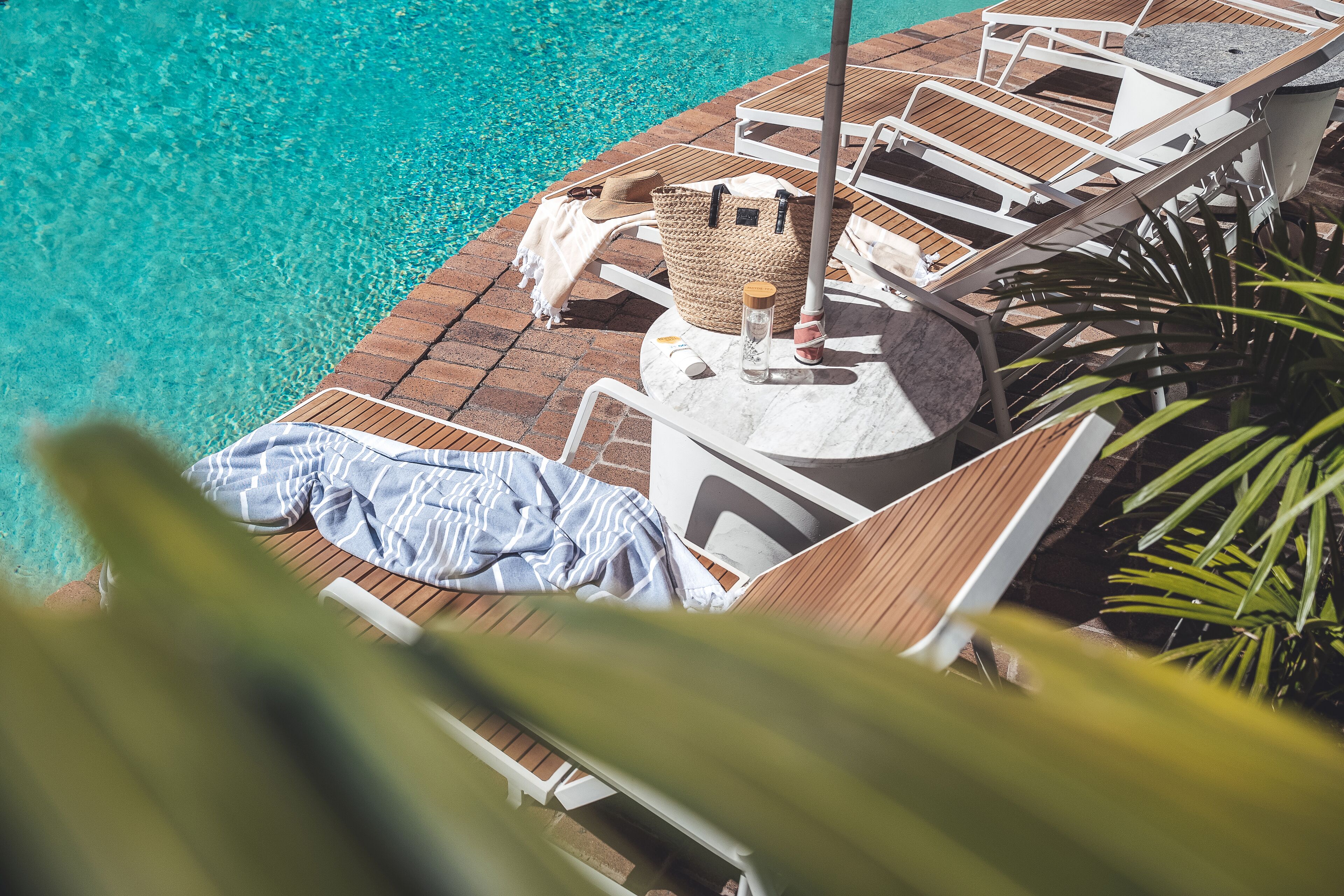 Outdoor pool, pool umbrellas, pool loungers