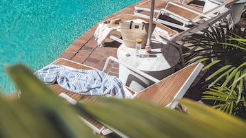 Outdoor pool, pool umbrellas, pool loungers