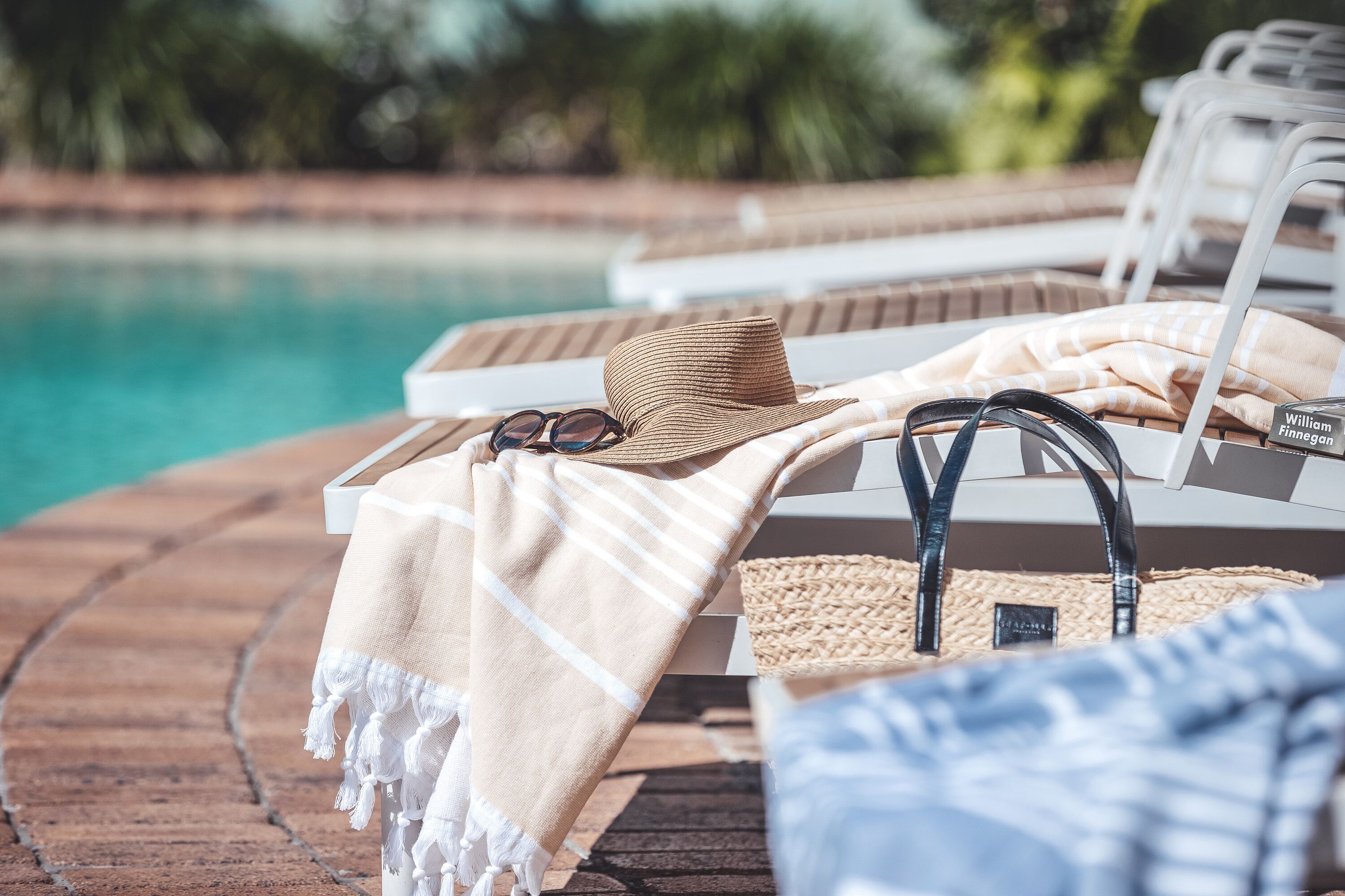 outdoor pool, pool umbrellas, pool loungers