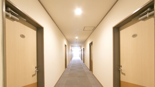 A hotel hallway with doors numbered 209 and 208, carpeted floor, and a ceiling light. - Okadaya Toyohashi (Toyohashi)