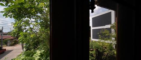 A view through a window of a modern building with a flat roof and large windows, surrounded by lush greenery.