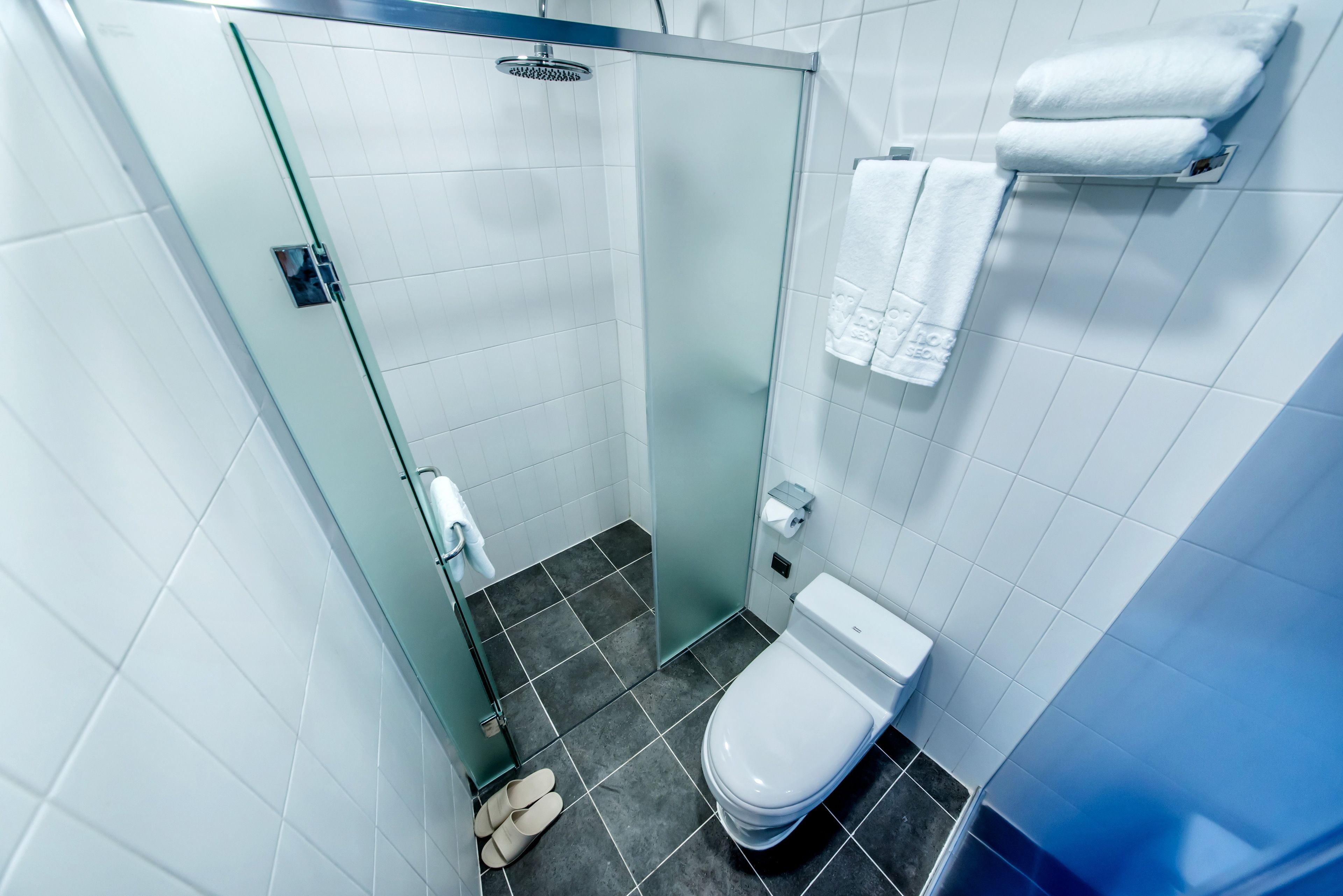 A modern bathroom with a glass shower enclosure, a white toilet, and a towel rack.