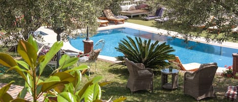 Outdoor pool, pool umbrellas, pool loungers