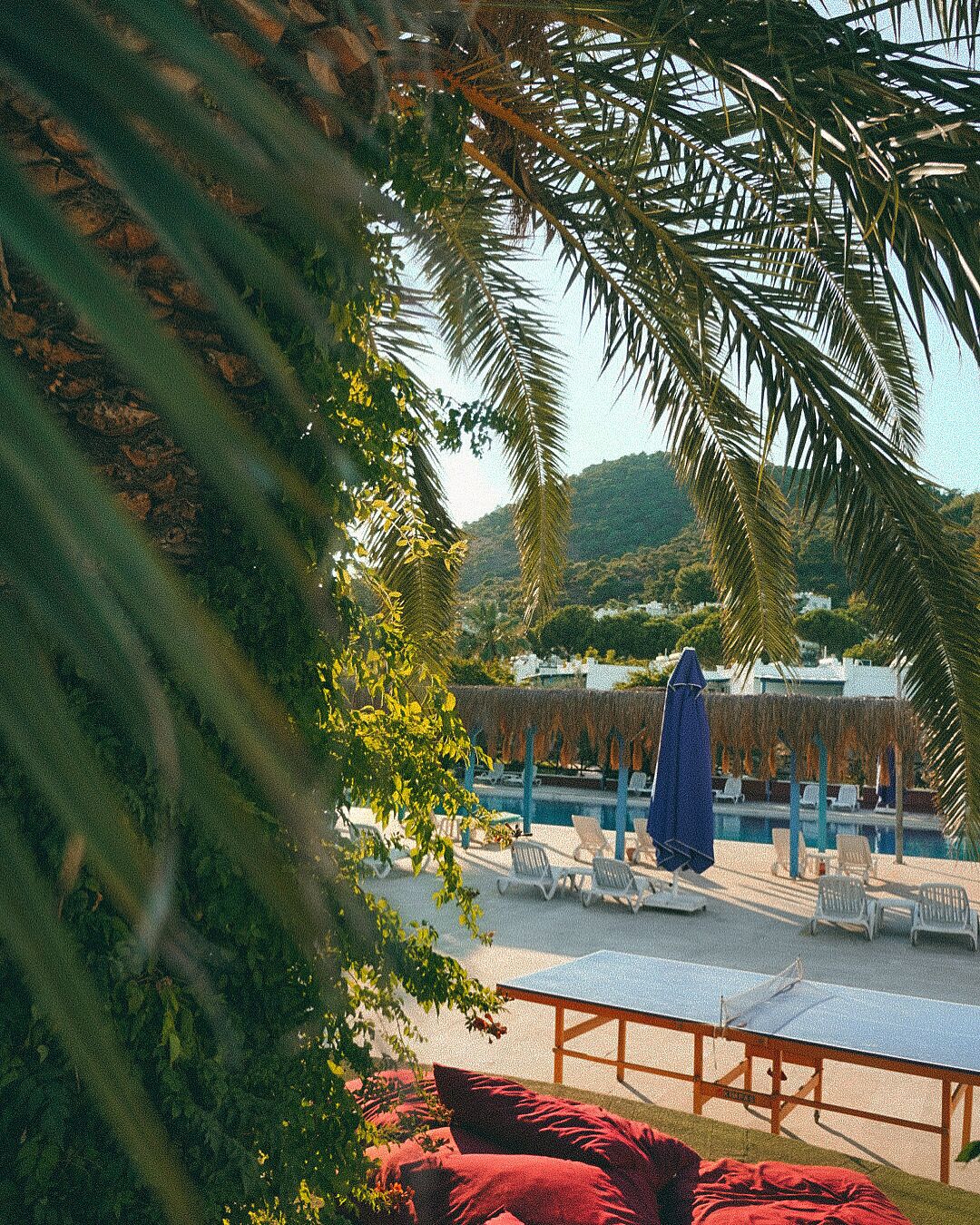 Una piscina techada, una piscina al aire libre, sombrillas