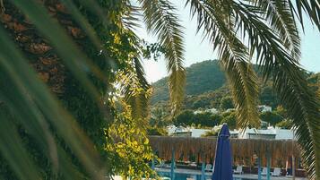 Una piscina techada, una piscina al aire libre, sombrillas