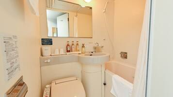 Combined shower/tub, hair dryer, slippers, bidet