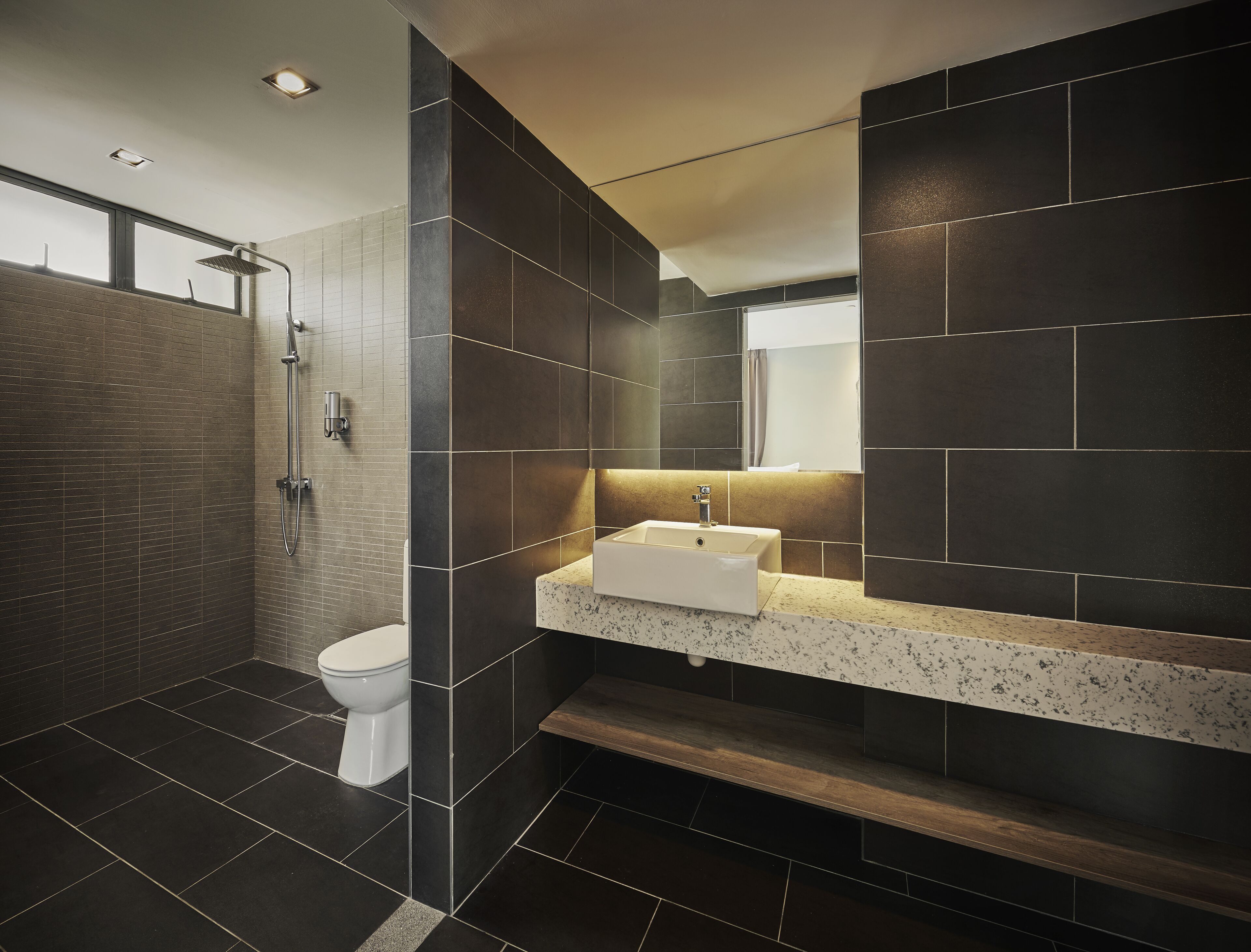 A modern bathroom with dark tiles, a shower, a toilet, and a sink with a mirror above it.