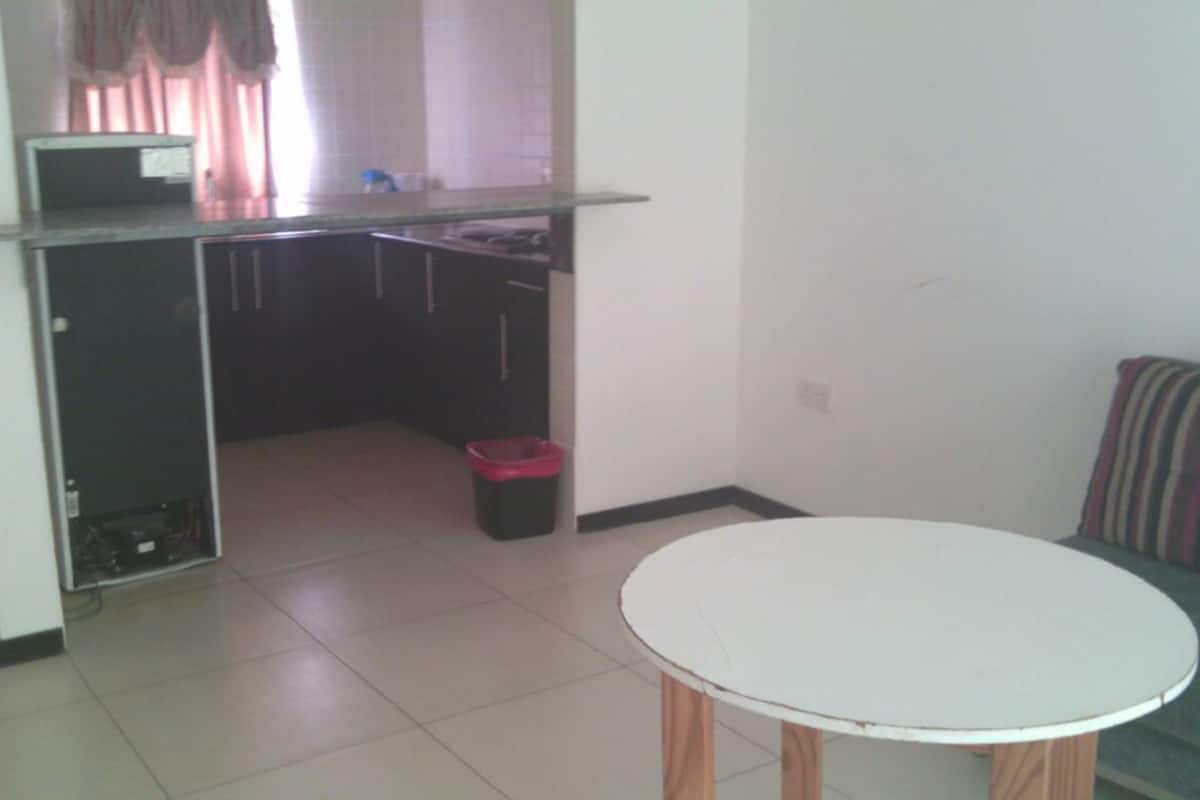 Un espacio habitable pequeño y de planta abierta con zona de cocina, mesa de comedor y sofá.
