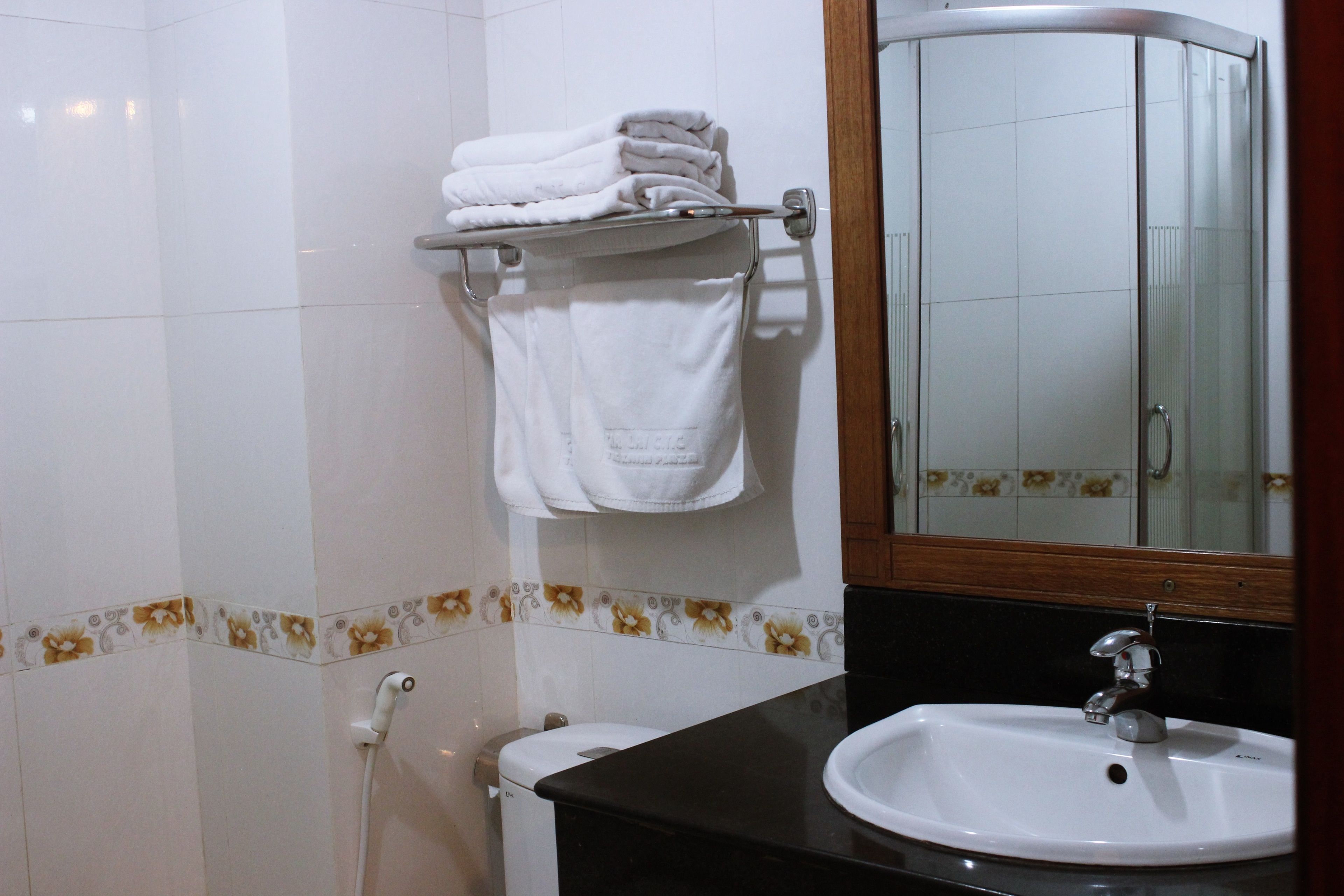 A bathroom with a white sink, a toilet, and a towel rack with folded towels.