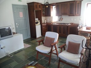 Family Villa (Olenos) | Living area | 32-inch TV with satellite channels, fireplace - Ilis Villas (Andravida-Kyllini)