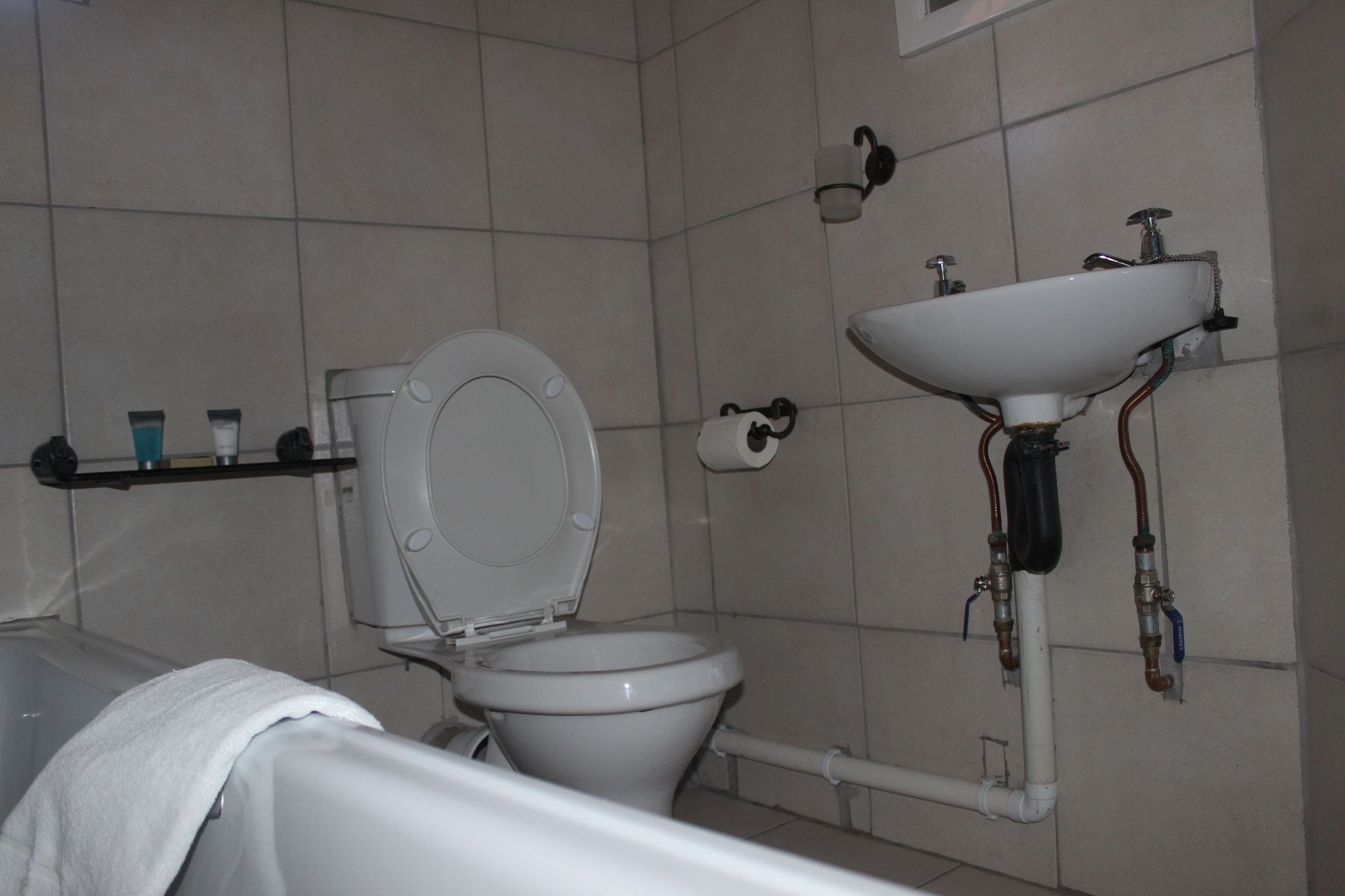 Ein Badezimmer mit Toilette, Waschbecken und Handtuchhalter.