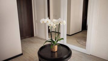 A room with a round table, a potted orchid, and a mirror reflecting the door and hallway.