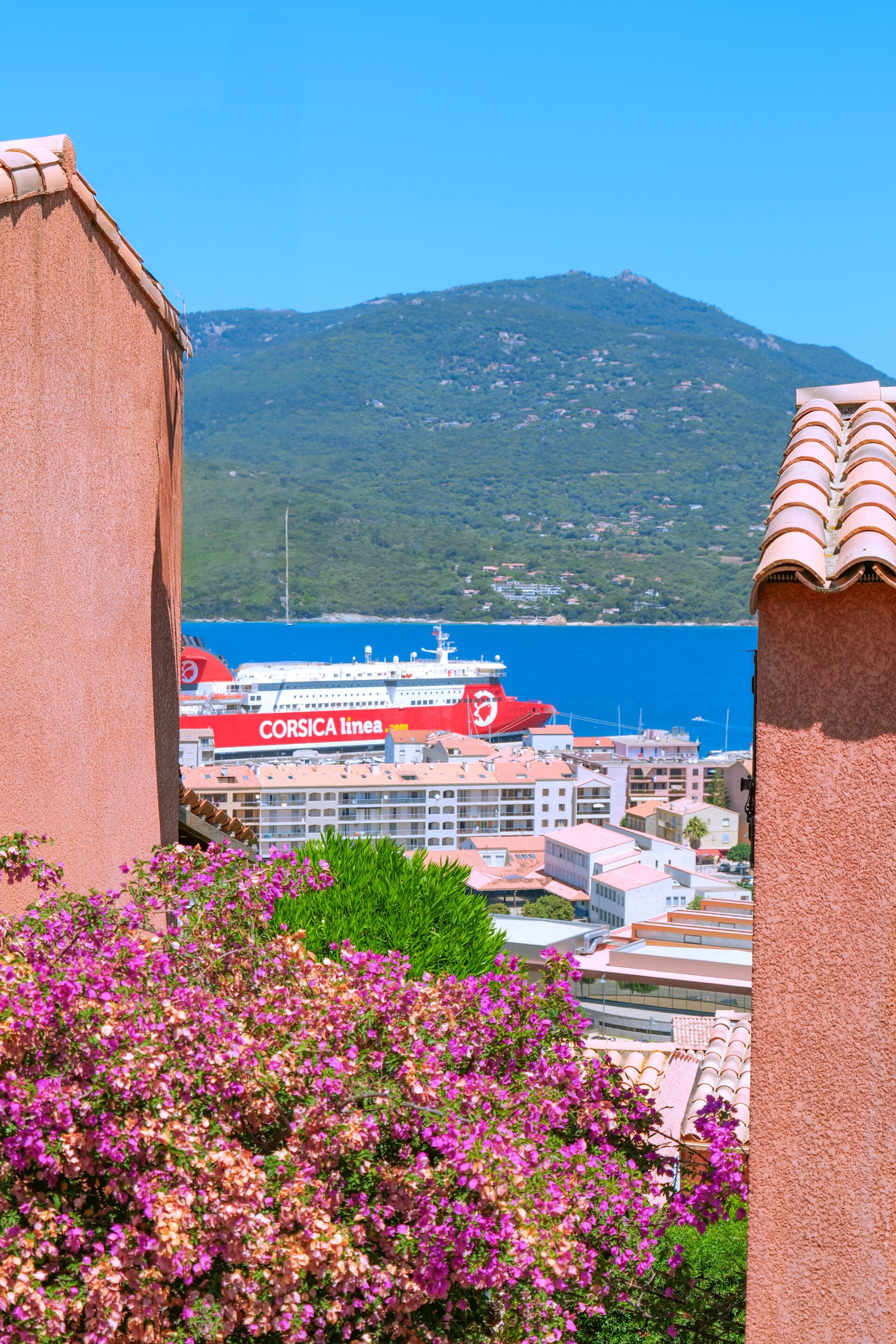Un paysage urbain côtier avec un navire de croisière, des bâtiments et une montagne en arrière-plan.