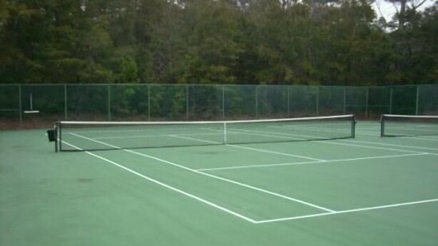 Una cancha de tenis con una red, rodeada por una valla verde y árboles.
