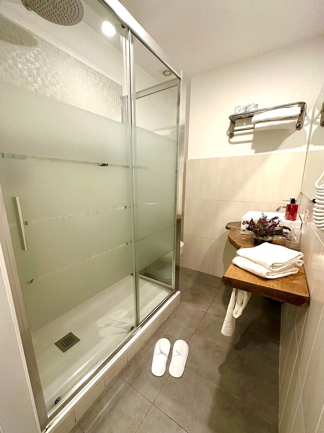 A modern bathroom with a glass-enclosed shower, a wooden vanity with a towel rack, and a toilet.