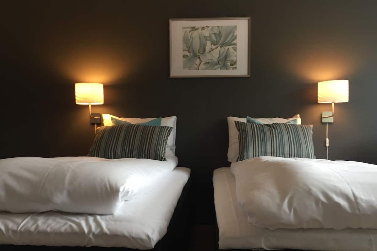 Deux lits simples, dotés de draps blancs et d’oreillers à rayures, sont placés de part et d’autre de lampes fixées au mur, dans une pièce aux murs sombres, au-dessus desquels on peut voir une estampe botanique encadrée.