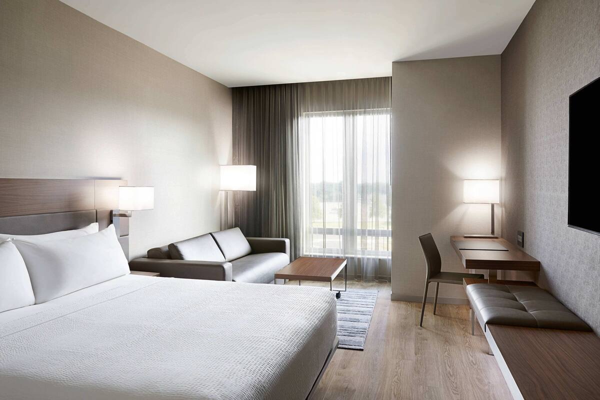 Una habitación de hotel moderna con una cama grande, un sofá, un escritorio y una televisión.