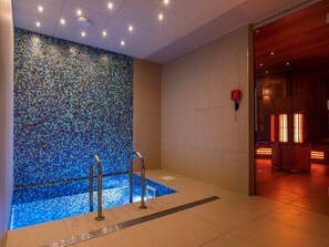 Ein moderner Poolbereich im Innenbereich mit einer Wand aus Mosaikfliesen, einem kleinen Pool und einem Sauna-Bereich.