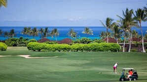 A golf course with a view of the ocean and palm trees. - 104A Waiulu Street Hualalai (Kailua-Kona)