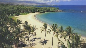 A tropical beach with palm trees, clear blue water, and a distant mountain range. - Wai ula ula344 (Kamuela)
