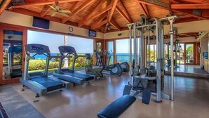 A gym with treadmills, weight machines, and a bench. It has a wooden ceiling and large windows overlooking a scenic view.
