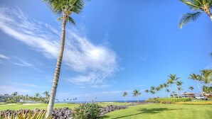 A golf course with palm trees, a clear sky, and a view of the ocean.