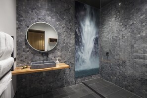Luxury Studio Suite, 1 Bedroom | Bathroom | Shower, rainfall showerhead, designer toiletries, hair dryer - The Cinema Suites (Te Anau)