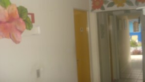 A hallway with a yellow door and a floral wall decoration. - Pousada Mar e Sol (Recife)