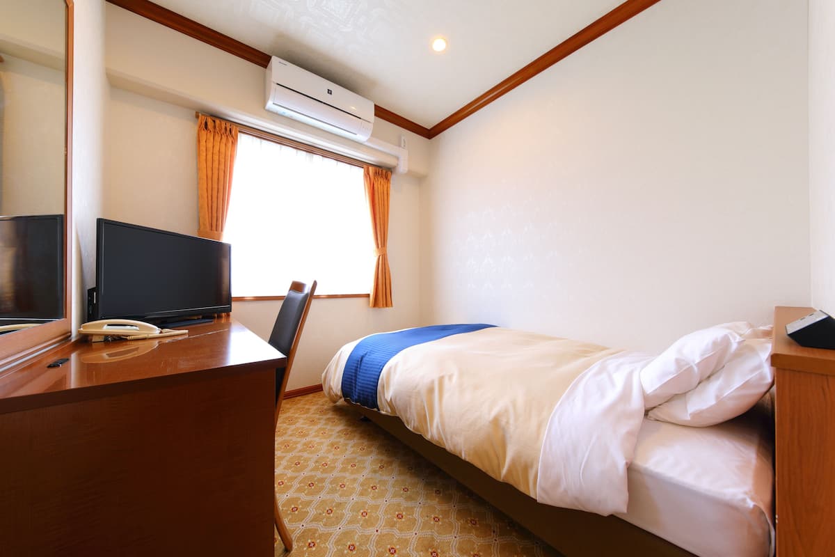 A hotel room with a bed, a desk with a telephone, a television, and an air conditioning unit.