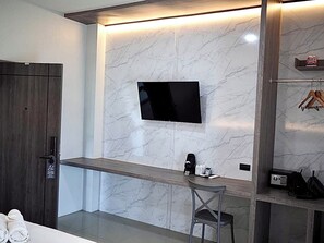 Individually decorated, desk, laptop workspace, blackout curtains