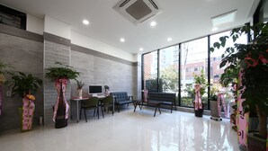 A modern hotel lobby with a large window, a sofa, a table, and several potted plants.