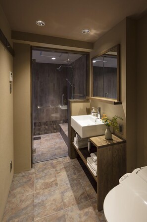 Bathroom features a large sink, mirror, and toilet, with a glass shower enclosure and small plant.