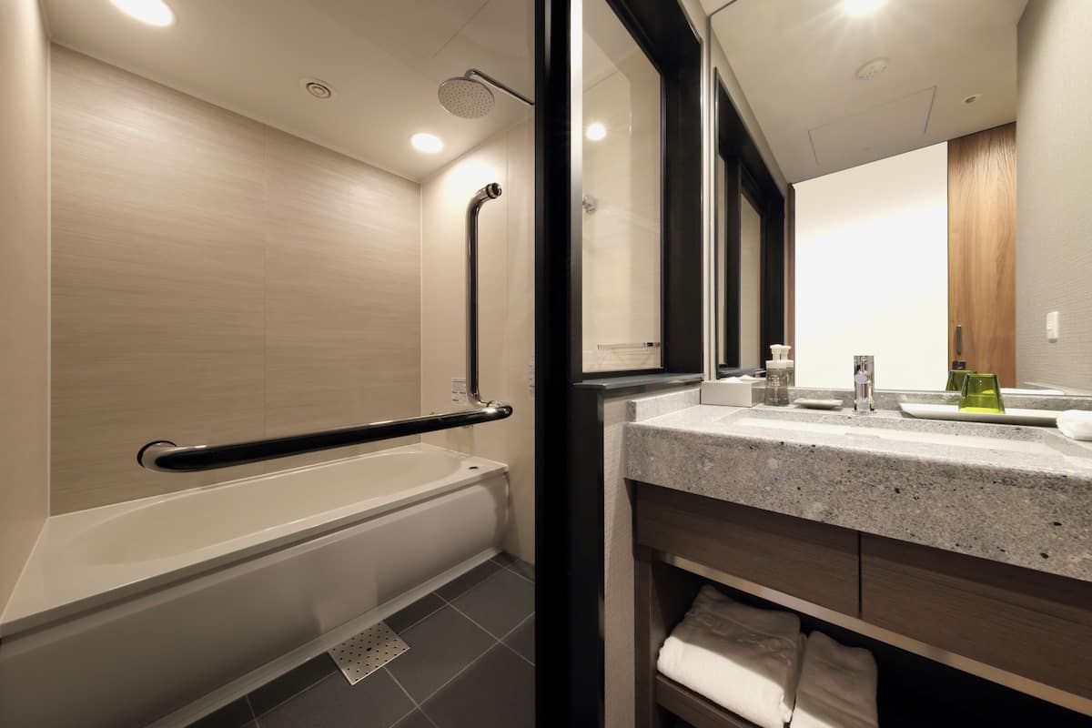 separate bathtub and shower, rainfall showerhead, free toiletries