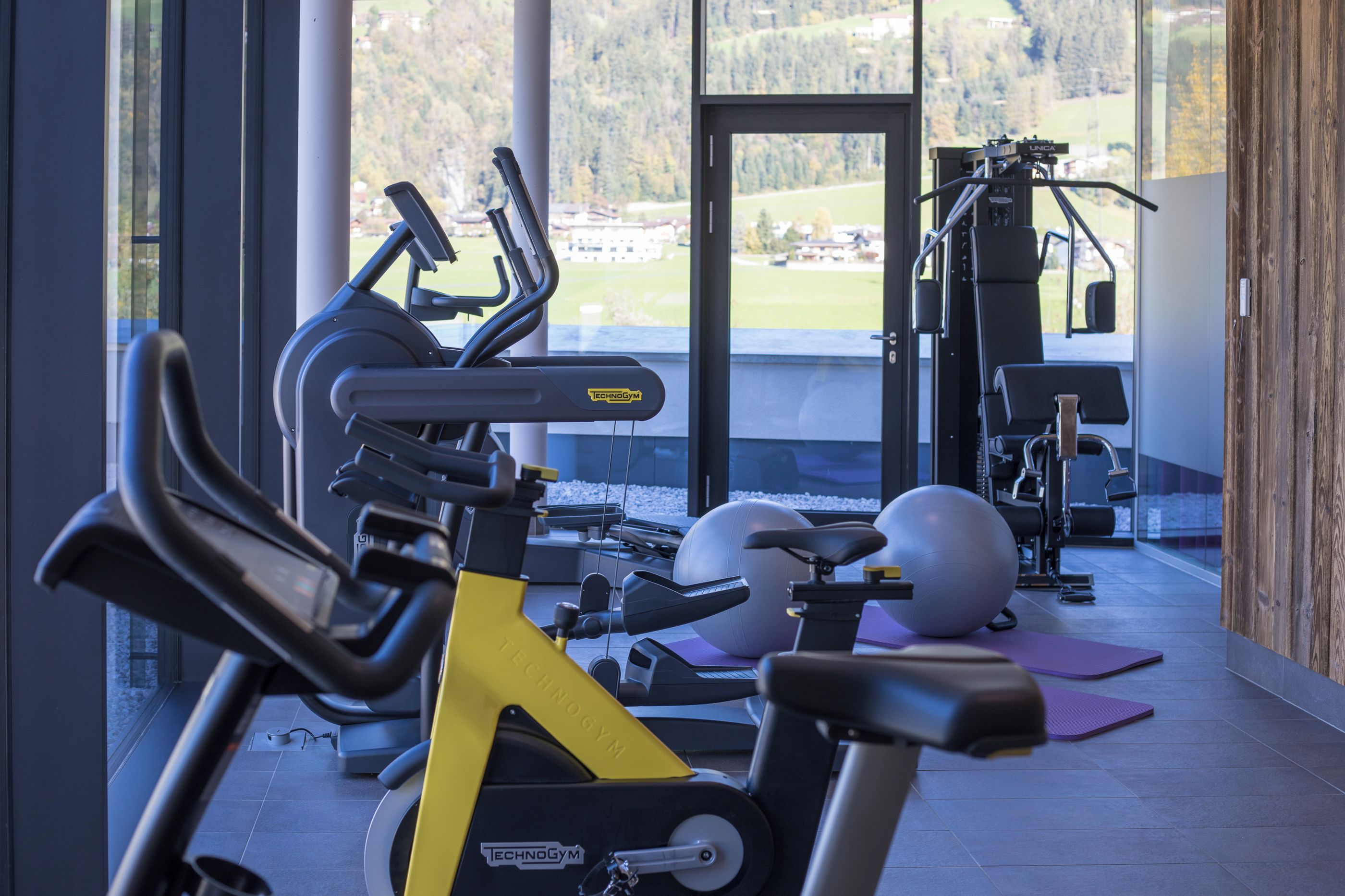 An indoor gym with exercise equipment, including a treadmill, stationary bike, and exercise balls.