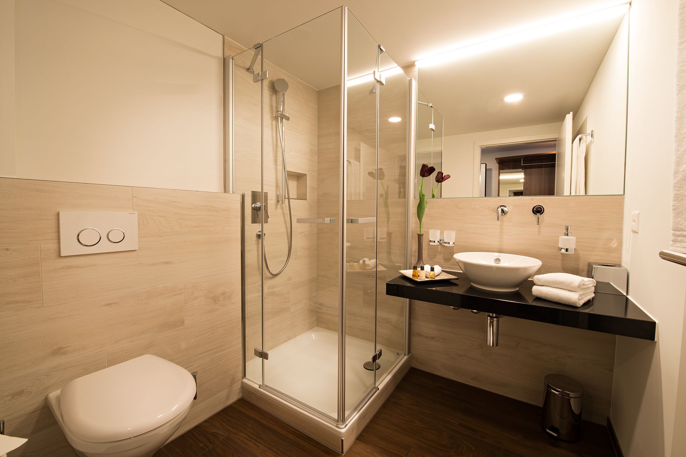 shower, free toiletries, hair dryer, towels